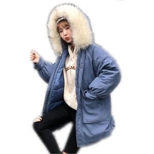2018 New Winter Women Jacket Hooded Large Fur Collar Loose Winter Coats Female Thicken Warm Parkas With Big Pockets Jacket Q939