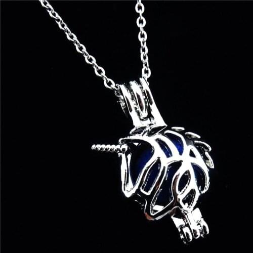 R-K453 Silver 26mm Unicorn Beads Cage Essential Oil Diffuser Aromatherapy Pearl Cage Locket 18'' Chains Necklace