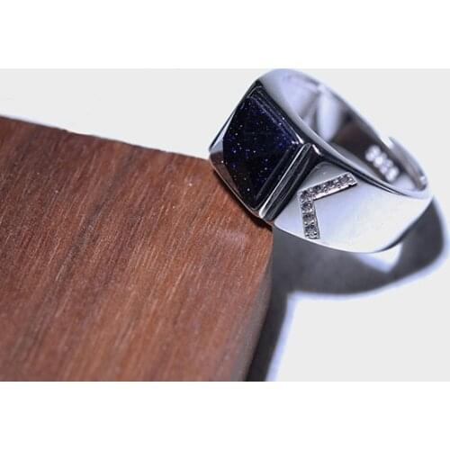 Real 925 sterling silver inlaid with sandstone personality mens silver ring