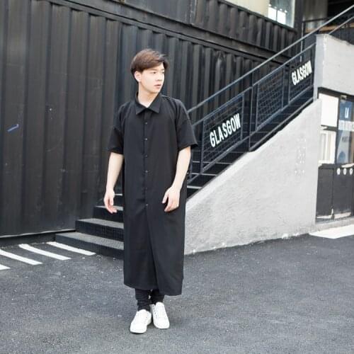 Summer mens super long half sleeve loose shirt dark tide mens Short Sleeve Shirt Korean style hairstylist