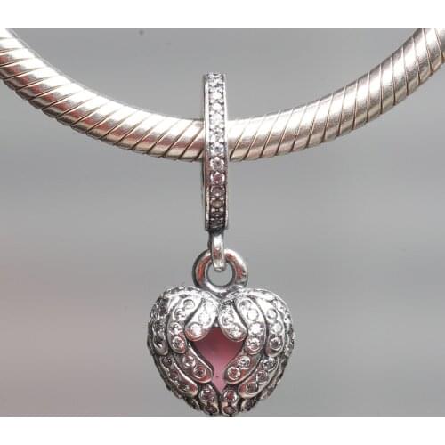 S925 DIY Jewelry Angel Wings Dangle Charm fit Lady Bracelet Bangle Clear CZ Pink Enamel