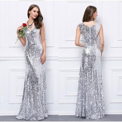 Evening Dress Sleeveless Tank Evening Dresses for Women 2019 V-neck Bling Sequin Robe De Soiree F345 Elegant Mermaid Formal Gown