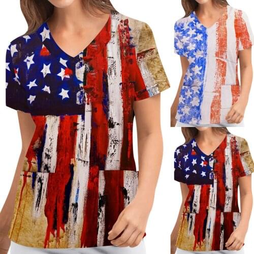Vintage American Flag Print Shirts Women Short Sleeve Working Uniform Top For Hospital Care Worker Nursing Scrub Tops A50