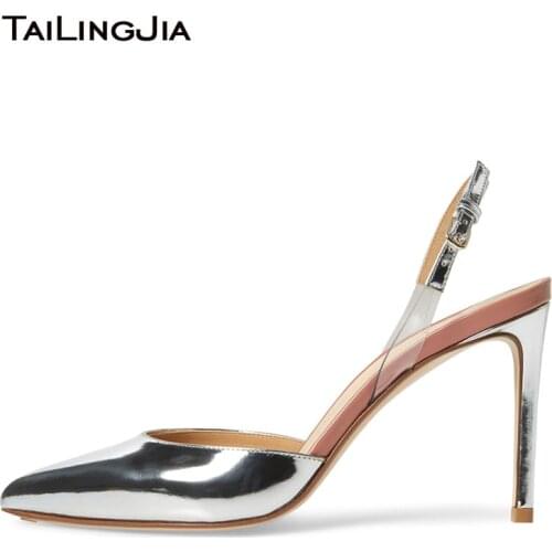 Womens Pointed Toe High Heels Silver Slingback Pumps Nude Patent Leather Closed Toe Heeled Slingbacks Ladies Bridal Shoes 2020