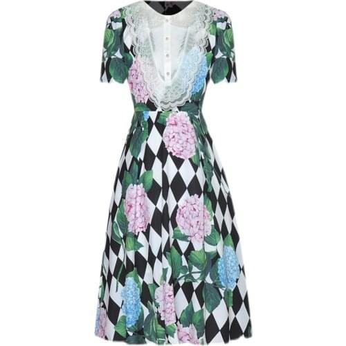 High Quality Newest Nice Designer Vogue Womens Short Sleeve Lace Embellished Floral Printed Dress