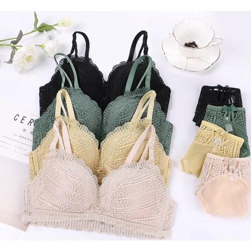 Wasteheart Fashion Women Yellow Green Sexy Lingerie Lace Bralette Invisible Cotton Panties Padded Wireless Bra Sets Lingerie A B