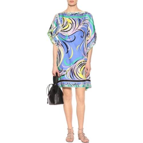 Ladies new loose large size Batwing Sleeve fashion printing round collar stretch silk jersey dress