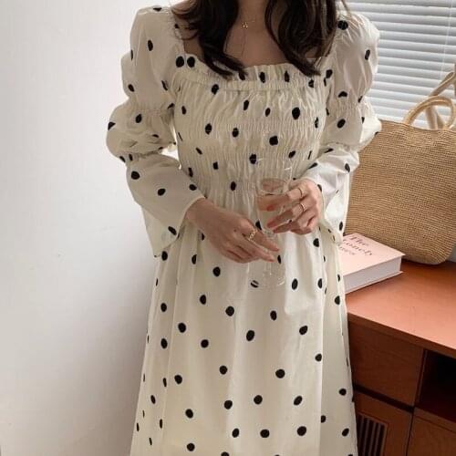 New 2021 Summer Mori Girl Sweet French Fashion Vintage Polka Dot Square Collar Lantern Sleeve Pleated Casual Princess Long Dress