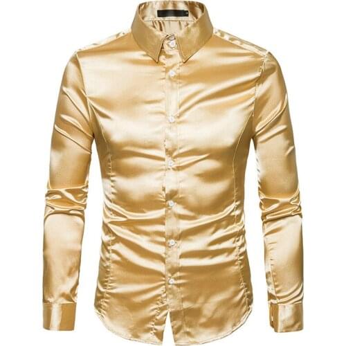 2021 New Mens Silk Satin Party Shirts Slim Fit Long Sleeve Solid Color Shiny Nightclub Wedding Shirt 10 Colors S-2XL