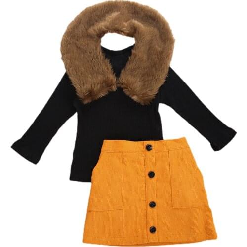 2020 Infant Kids Baby Girls Ribbed Solid Knitted Tops Shirt +Corduroy Pocket Skirts +Fuzzy Scarf 3Pcs Warm Autumn Winter Set