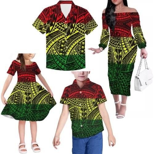 New 4/PC Fashion Family suit matching outfit Printed Polynesian Tribal Womens Party Pencil Dress men shirt