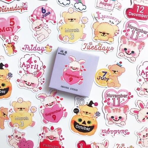 44P Kawaii Cartoon Animal Date Stationery Sticker Scrapbook Seal Creative DIY Diary Journal Decorative Adhesive Paper Supplies
