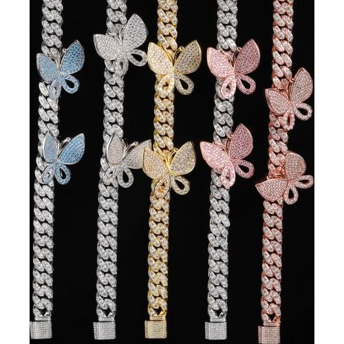 7”- 9“ Micro Paved AAA Cubic Zirconia Bling Ice Out Butterfly Bracelets Cuban Link Chain for Men Women Hip Hop Rapper Jewelry