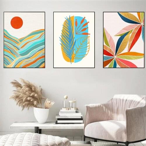Abstract Leaf Plant Wall Art Poster Sun Mountain Landscape Canvas Painting Colourful Pictures Nordic Living Room Home Decor