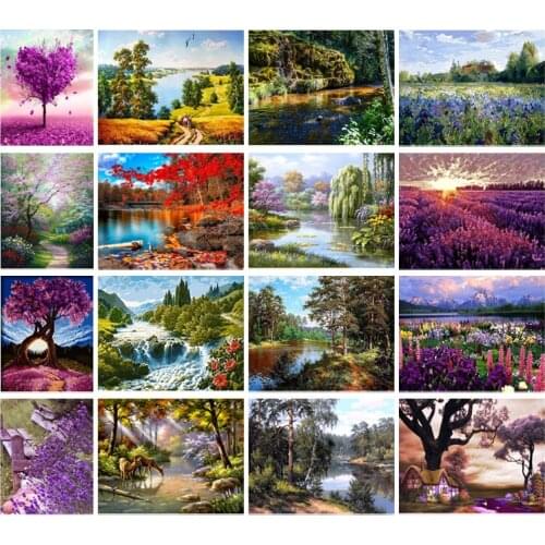 Diamond Painting Diamond Embroidery Landscape Picture River View&Purple Tree&Lavender Field Mosaic Full Square/Round Diamond