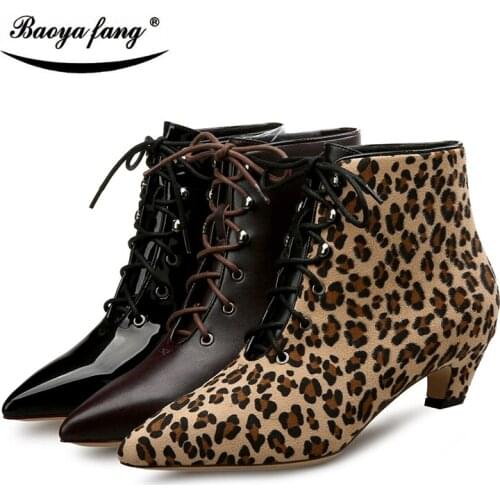 BaoYaFang Womens winter boots 5cm low heel strange heel Leopard womens shoes Ladies ankle boots for women 2018 new design