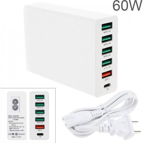 White 60W USB Quick Charger QC3.0 Desktop Charging Station with 6-Port for Mobile Phone
