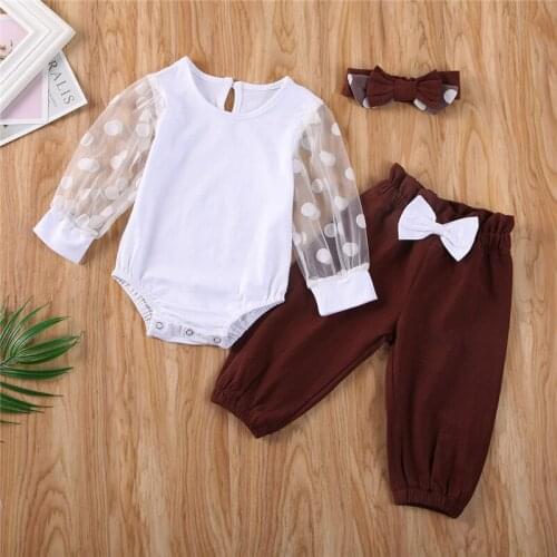 Free shipping Baby Girls Clothes long sheer sleeve Polka Dot round neck Bodysuit solid Pants bow Headband 3pc newborn outfits