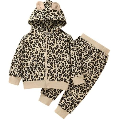 Infant Kids Baby Girl’s Coat and Trousers Suit Fashion Leopard Long Sleeve Hooded Zipper Cardigan and Long Pants 18M-6T