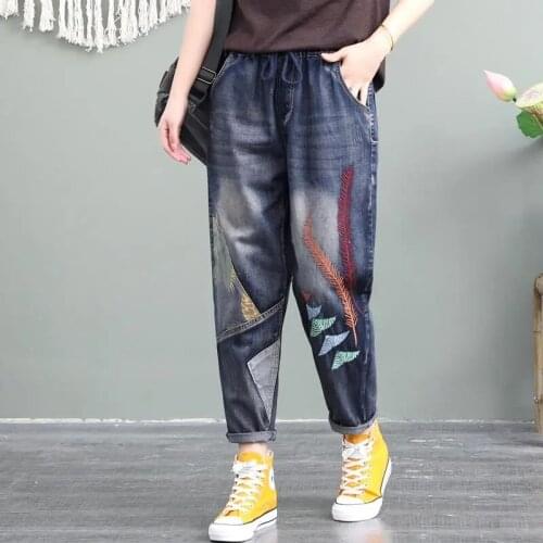 Baggy Jeans Women High Waist Plus Size Mom Ladies Jeans Trousers Denim Embroidery Elastic Waist Loose Ankle Length Harem Pants