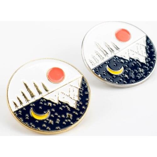 Day and Night Enamel Pin Sun Moon Stars Mountain Brooches Bag Clothes Lapel Pin Gold Badge Jewelry Gift for Lover Friend
