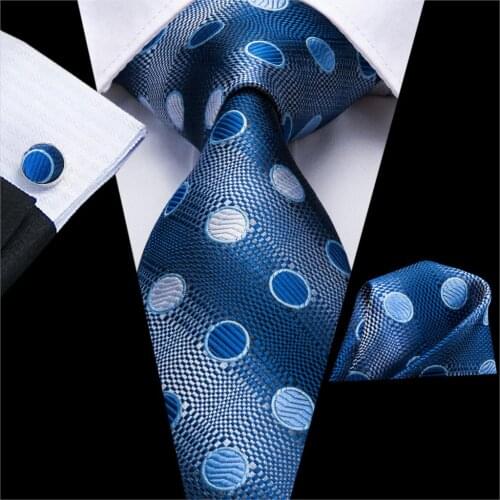 Ties for Men Blue White Tie Dots Necktie Set Pocket Square Cufflinks Cravat for Wedding Party Wedding Tie C-3262 Dropshiping