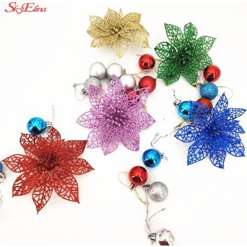 HH186 10pcs/set 15cm Plastic Simulation Christmas Glitter Hollow Flower Wedding Artificial flowers Valentines Day Decoration 8Z
