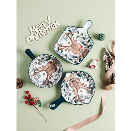Ceramic Single Bake Pan Rice Soup Bowl 9.5inch Round Plate Christmas Deer Pattern Microwave Oven Salad Bowl
