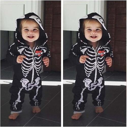 2021 Halloween Costume for Baby Boys Spring Autumn Skull Long Sleeve One-piece Zipper Romper Hooded Jumpsuit Kids Boys oOutfit