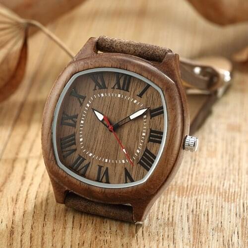 Square Wood Watch For Men Roman Numerals Stripe Luxury Quartz Wristwatches Men Women With Leather Strap Relogio Masculino