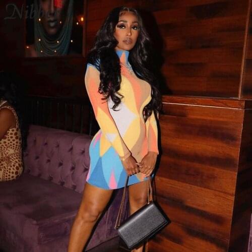 Nibber Knitted Patchwork Paneled Mini Dresses Mock Neck Bodycon Elastic Long Sleeve Aesthetic Casual Sexy Hipster Hot Women 2021