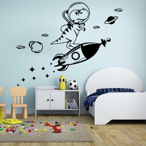 Cartoon Dinosaur Space Rocket Planets Stars Meteorite Wall Sticker Kids Room Nursery Dinosaur Astronomy Jurassic Park Wall Decal