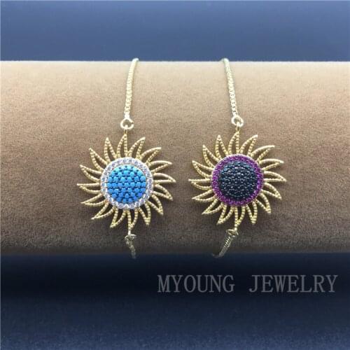 MY1199 Fashion Micro Pave CZ Zircon Sun Flower shape Connector With Golden adjustable chain Bracelet Jewelry pulseira feminina
