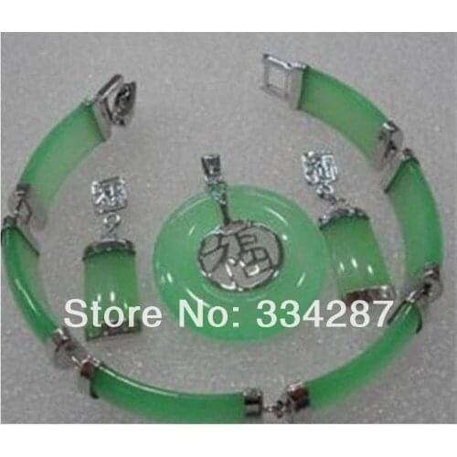 Fashion Jewellery Sets silver plated green jade Necklace Bracelet earring pendant