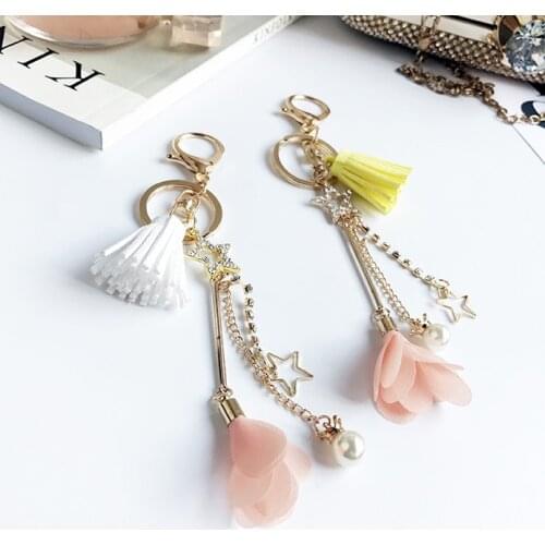 Korean-Style Origional Five-Pointed Star Flower Pearl Tassel Key Chain Car Ornaments Womens Key Ring Handbag Pendant New