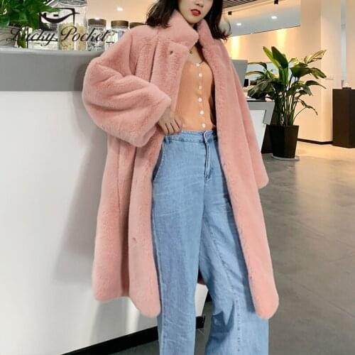 Women Winter Thick Mink Velvet Lmitation Solid Color Fur Coat Ladies Fashion Mid-Length Slim Warm Pink Lapel Plush Coat ZY119