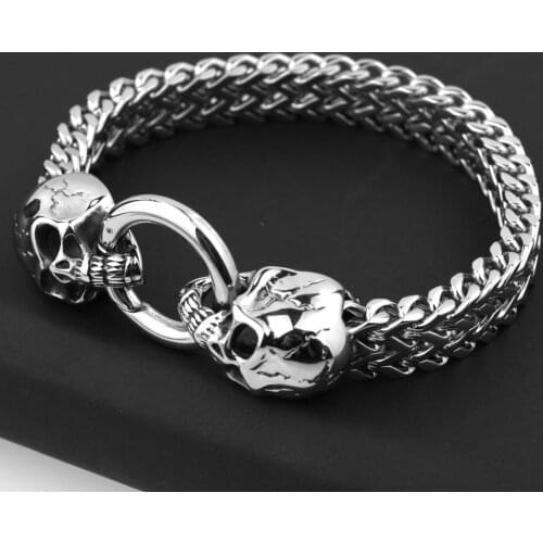 Punk Style Silver Color Skull Bracelets 316L Stainless Steel 4 Size for Mens Charms 12MM Wide Heavy Figaro Chain Bracelets