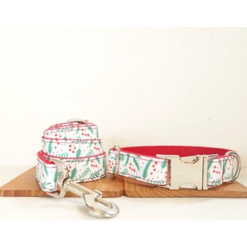 Customized Dog Collar Engraved Puppy ID Tag Leash Collar Set Adjustable Outdoor Fashion Print Pet Collar Leash CHRISTMAS LEAVES