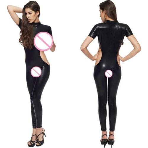 Adult Women Sexy Black Faux Leather Bodysuit Open Bust Crotch Hollow Out Lingerie Catsuit Erotic Sex Clubwear Leotard New Hot