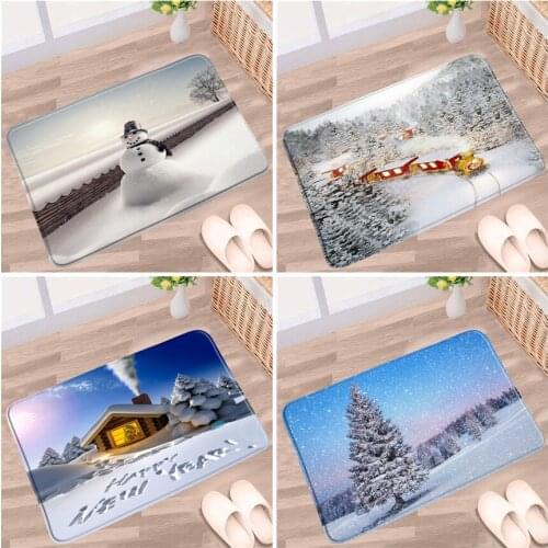 Winter Bath Mats Trees Snowfield Forest Farmhouse Scenery Non-slip Rugs Flannel Decor Bathroom Kitchen Entrance Carpet Doormat