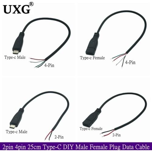 1pcs/5pcs 2-pin 4-pin Data Line 25cm USB 2.0 Type-C Power Supply Extension Wire Cable Charger Connector Male Female Plug