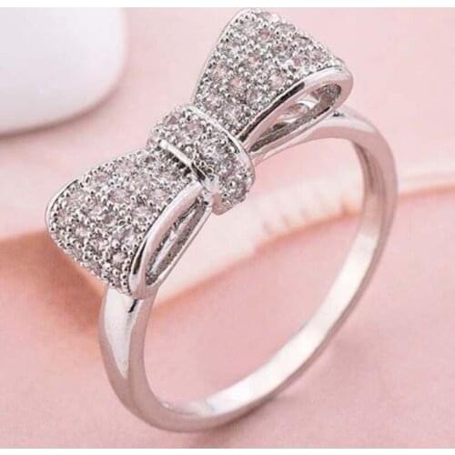 2021 Jewelry Temperament Zircon Crystal Bow Banquet Ring for Women Girl Engagement Party Rings Jewelry Accessories Size 6-10