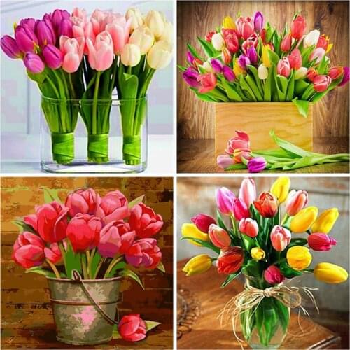 Huacan Diamond Painting Full Tulip Vase Mosaic Flower Square/round Embroidery Cross Stitch Floral Home Decor Wall Stickers