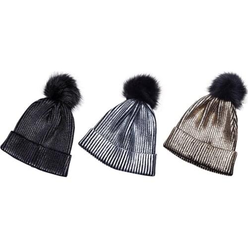 Metallic Shiny Crochet Knit Cap with Flocculus Warm Keeping Slouchy Beanie Cap for Winter Male Female