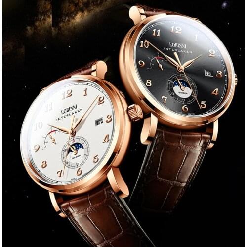 LOBINNI Top Brand Luxury Mens Mechanical Watches Automatic Watch Men Fashion Leather Waterproof 50M Male Moon Phase Wristwatch