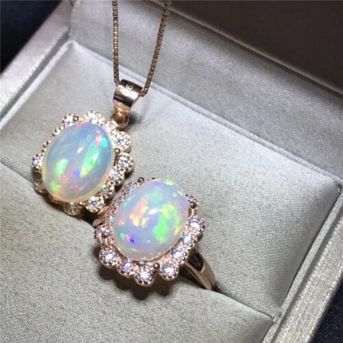 100% NATURAL ETHIOPIAN WELO FIRE OPAL CABOCHON RING+PENDANT 1Set 8*10mm