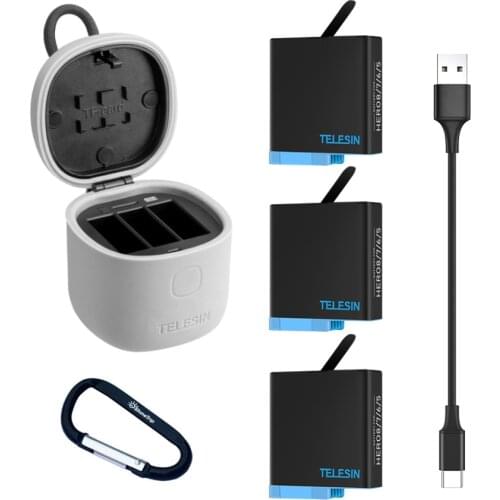 TELESIN decoding li battery for Gopro 8 7 6 5 and 3 in 1 storage box charger card reader for go pro hero 8 5 6 7 hero8 camera