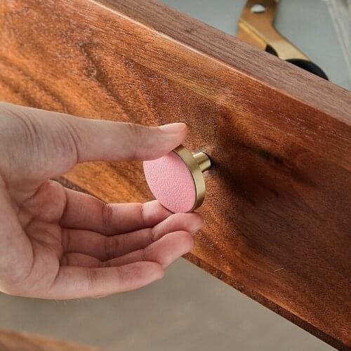 LKL Brass Leather Handle Nordic Color Cabinet Cupboard Knobs Wardrobe Door Drawer Childrens Room Pure Copper Round Handle