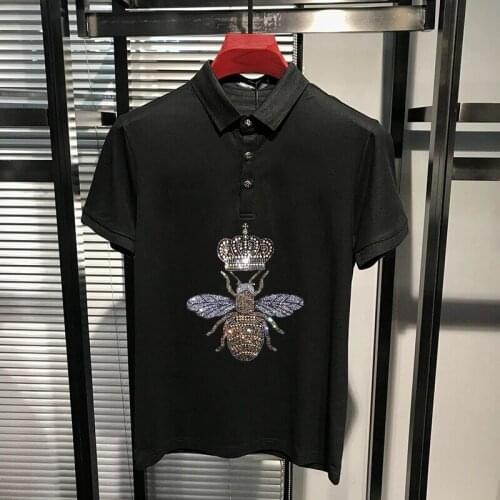 Super Lapel Design High Quality Gradient Rhinestone Crown Short-Sleeved Anti-Wrinkle Mens Shirt Polo Elasticity Clothing