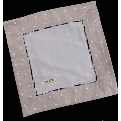 N020 : 12 pieces White Hemstitch Tea Napkins with oatmeal border - 55/45 Ramie Cotton Blend Ladder Hemstitch table linen